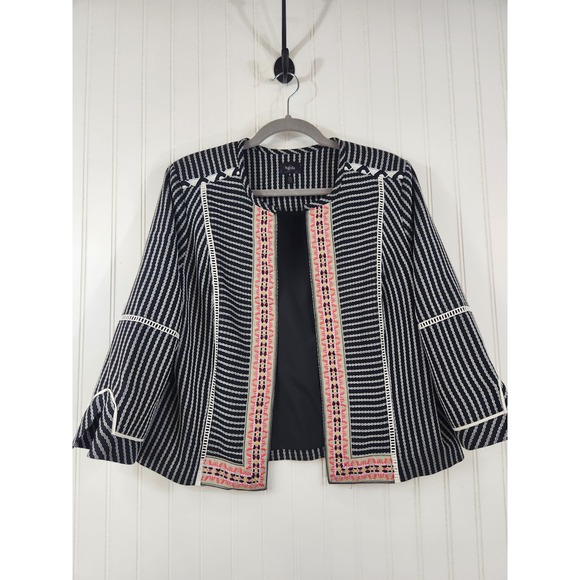 Rafaella Jackets & Blazers - Rafaella Womens Striped Embroidered Open Front Jacket Black White Pink‎ Size M